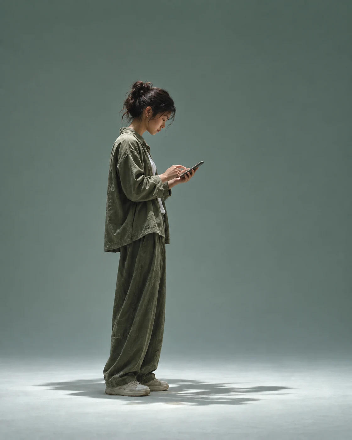 A person looking at their phone in a softly lit sage studio